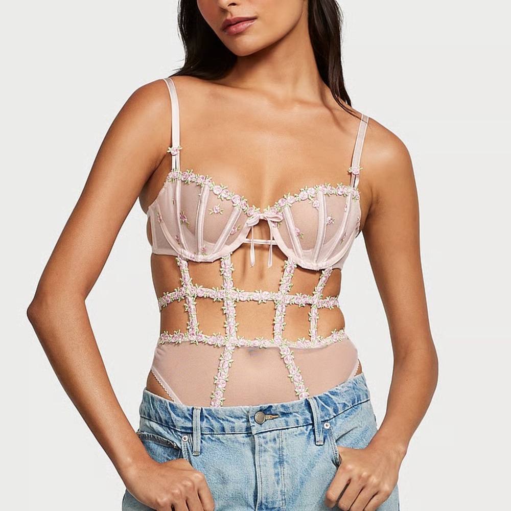 Victorias Secret wicked rosebud embroidery teddy pink fizz lingerie bodysuit NWT